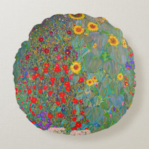 Coussins Ronds Jardin agricole de Gustav Klimt avec tournesols