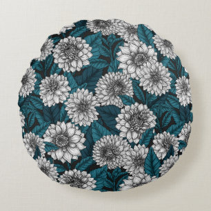 Coussins Ronds Jardin blanc Dahlia / feuilles bleus 2