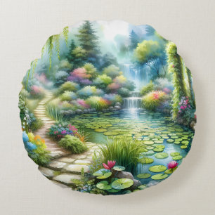 Coussins Ronds Jardin de cascade enchanté avec bassin de nénuphar