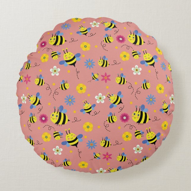 Coussins Ronds Jardin de fleurs d'abeilles douces (Devant)