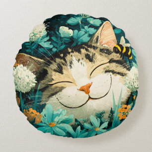 Coussins Ronds Jardin de fleurs de chat endormi aquarelle abeille