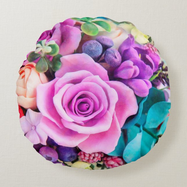 Coussins Ronds Jardin de fleurs de roses romantiques (Devant)