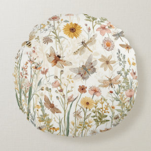 Coussins Ronds Jardin de fleurs sauvages papillons botaniques flo