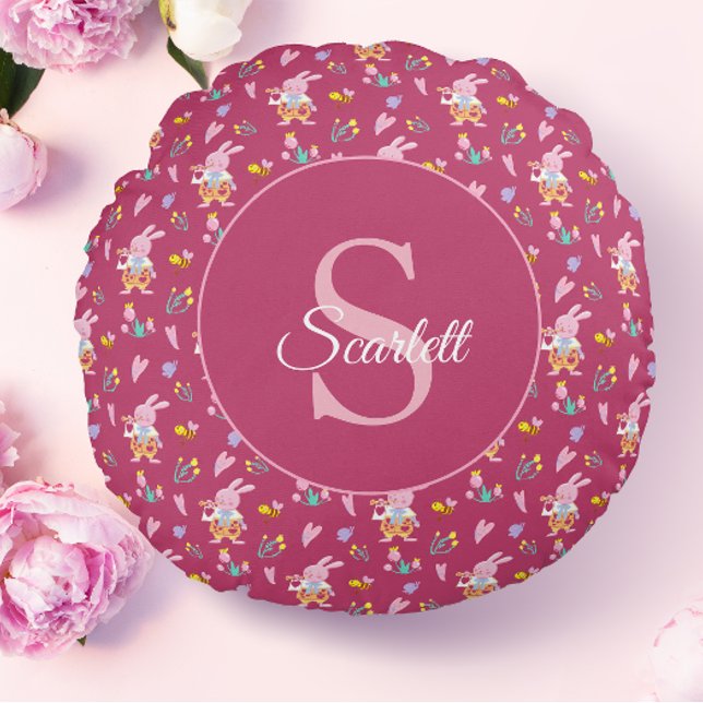 Coussins Ronds Jardin de lapin magenta mou motif Monogramme Nom (Créateur téléchargé)