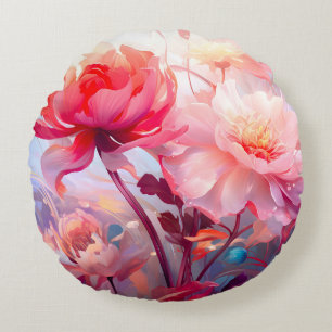 Coussins Ronds Jardin de pivoines fleuries aquarelle
