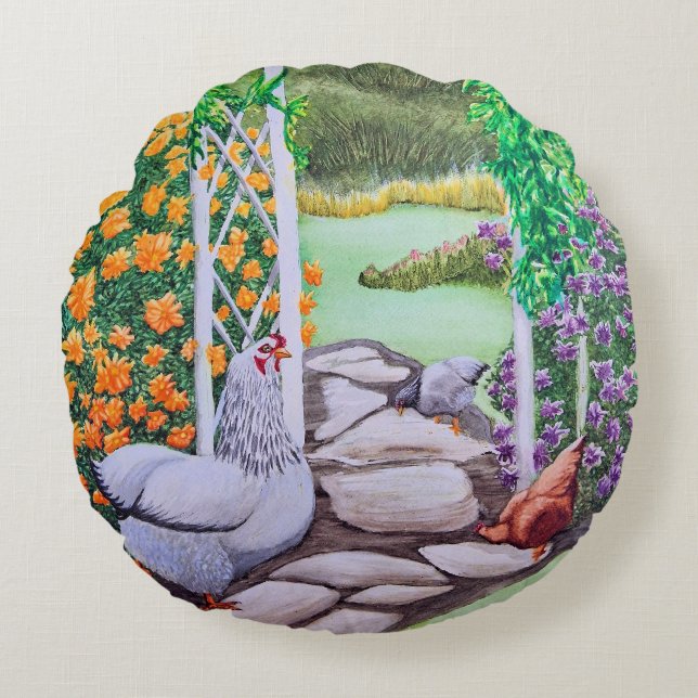 Coussins Ronds Jardin de poulets heureux  (Devant)