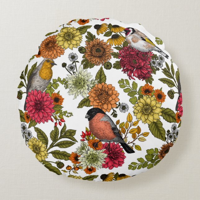 Coussins Ronds Jardin d'oiseaux et de fleurs 1 (Devant)