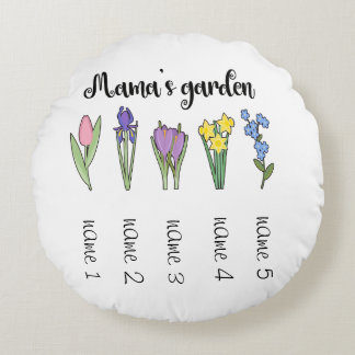 Coussins Ronds Jardin fleuri de Mama avec 5 noms personnalisés