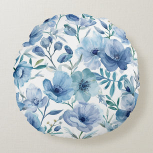 Coussins Ronds Jardin Floral Aquarelle Botanique Bleu