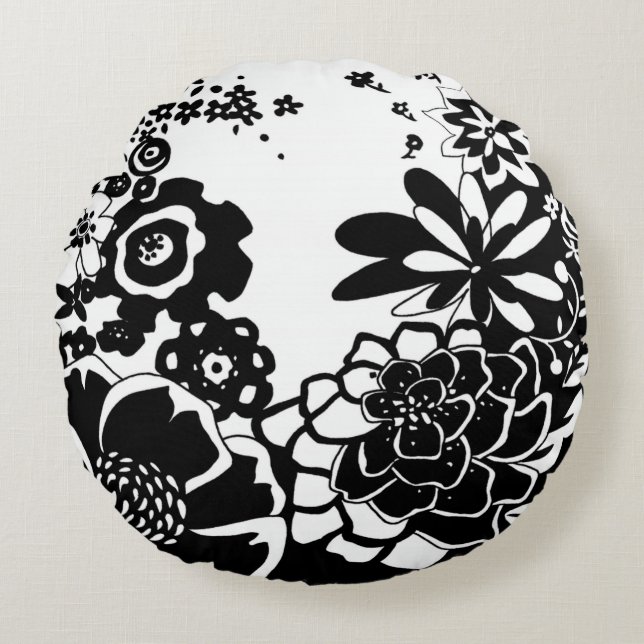 Coussins Ronds Jardin floral noir et blanc Motif graphique (Devant)