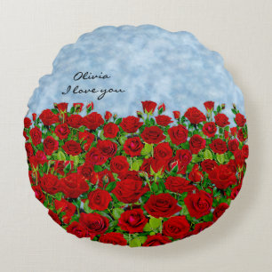 Coussins Ronds Jardin Romantique de Roses Rouges Classiques Nom