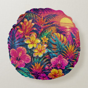 Coussins Ronds Jardin tropical fleuri rêveur Art géométrique