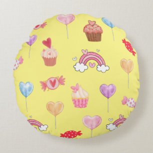 Coussins Ronds Jaune Bonbons & Cupcake Impression Jeu d'oreiller