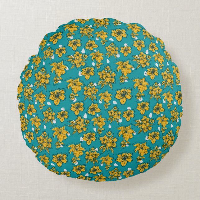 Coussins Ronds Jaune Turquoise Fleurs Motif Jaune Oreiller (Devant)