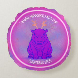 Coussins Ronds Je veux un hippopotame pour Noël-Oreiller Violet-P