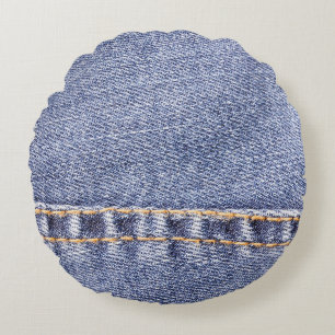 Coussins Ronds Jeans bleus : texture cousue détaillée.