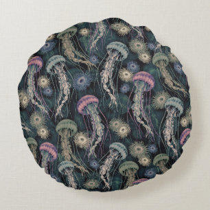 Coussins Ronds Jellyfish et anémones éthériques en Turquoise et r