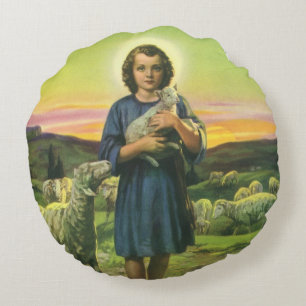 Coussins Ronds Jésus-Christ berger vintage avec agneau bébé