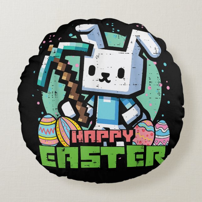 Coussins Ronds Jeu de pixels de lapin de Pâques heureux  (Devant)