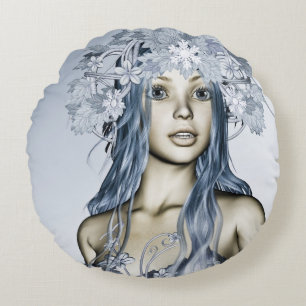 Coussins Ronds Jeune fille de neige bleue Portrait Fantastique d'