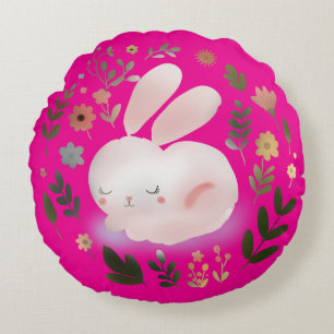 Coussins Ronds Joli Art de nurserie de couronne florale de lapin 
