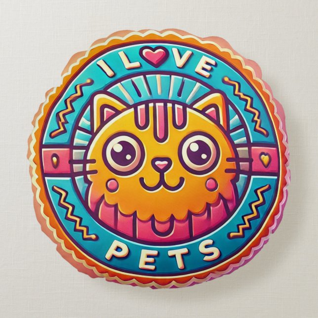 Coussins Ronds Joli Badge Chat Néon (Devant)