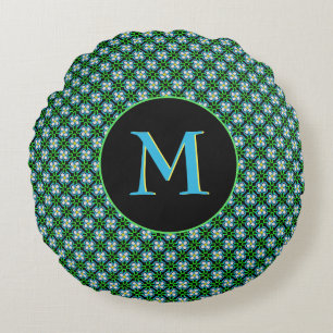 Coussins Ronds Joli bleu et vert Fleurs Motif Monogramme