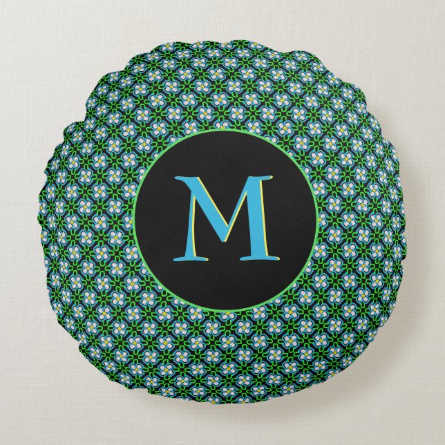 Coussins Ronds Joli bleu et vert Fleurs Motif Monogramme (Devant)