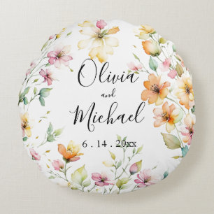 Coussins Ronds Joli Boho Orange rose Aquarelle Fleurs sauvages