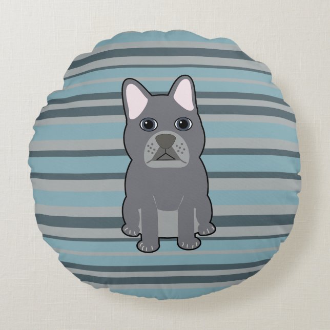 Coussins Ronds Joli Bouledogue Français rayé bleu (Devant)