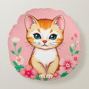 Coussins Ronds Joli Chat avec des Fleurs