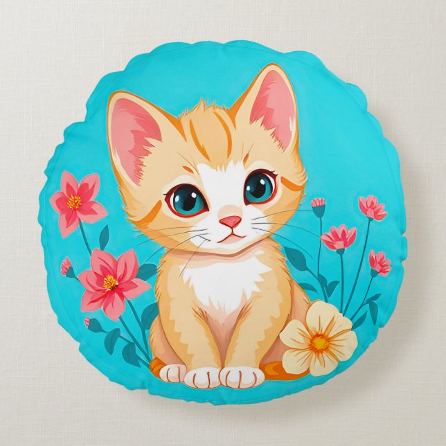 Coussins Ronds Joli Chat avec Fleurs (Devant)