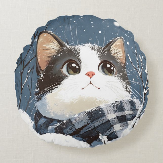 Coussins Ronds Joli chat confortable neige d'hiver (Devant)
