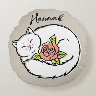 Coussins Ronds Joli Chat Endormi Rose Rose Nom Personnalisé Fille