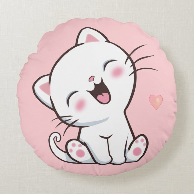 Coussins Ronds Joli Chat Mignon sur Fond Rose Clair (Devant)