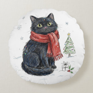 Coussins Ronds Joli chat noir au foulard rouge Arbre de Noël Hive