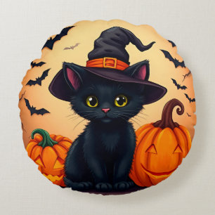 Coussins Ronds Joli chat noir avec un chapeau de sorcière entouré
