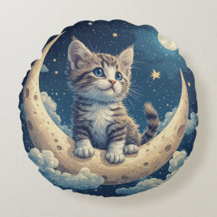 Coussins Ronds Joli Chaton sur un Croissant de Lune Avec des Étoi