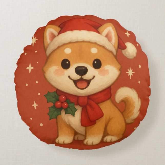 Coussins Ronds Joli Chien de Noël (Devant)