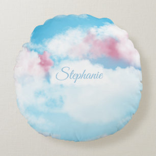 Coussins Ronds Joli ciel fantaisiste rose et nuages bleus