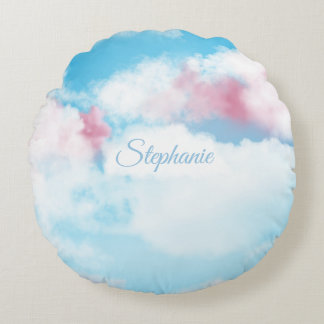 Coussins Ronds Joli ciel fantaisiste rose et nuages bleus