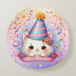 Coussins Ronds Joli dessin animé Kawaii Kitty Chat Joyeux Anniver