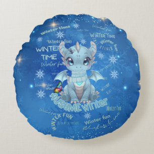 Coussins Ronds Joli Dragon d'Hiver Bleu – Flocon de Neige Magique