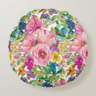Coussins Ronds Joli floral aquarelle rose bleu jaune féminin