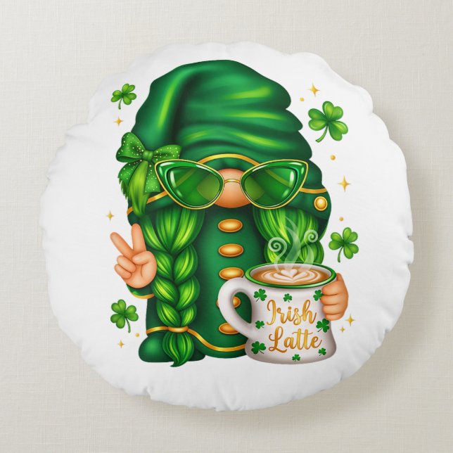 Coussins Ronds Joli gnome de la Saint-Patrick buvant du café (Devant)