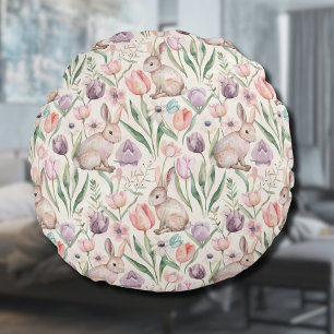 Coussins Ronds Joli Lapin Gris avec des Tulipes Colorées