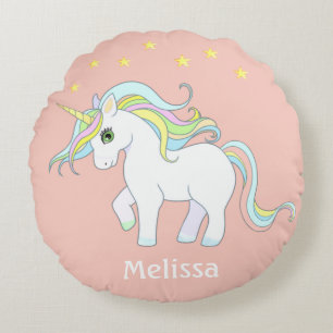 Coussins Ronds Joli licorne et étoiles sur fond rose corail clair