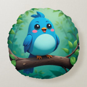 Coussins Ronds Joli Oiseau Bleu de Dessin Animé Accent Décoratif