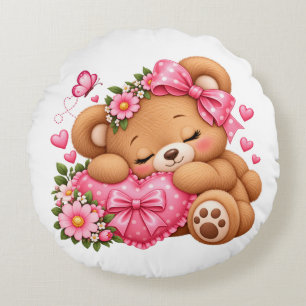 Coussins Ronds Joli Ours en Peluche Endormi Nœud Rose Cœur Oreill