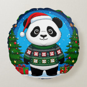 Coussins Ronds Joli panda en pull de Noël portant un chapeau de P
